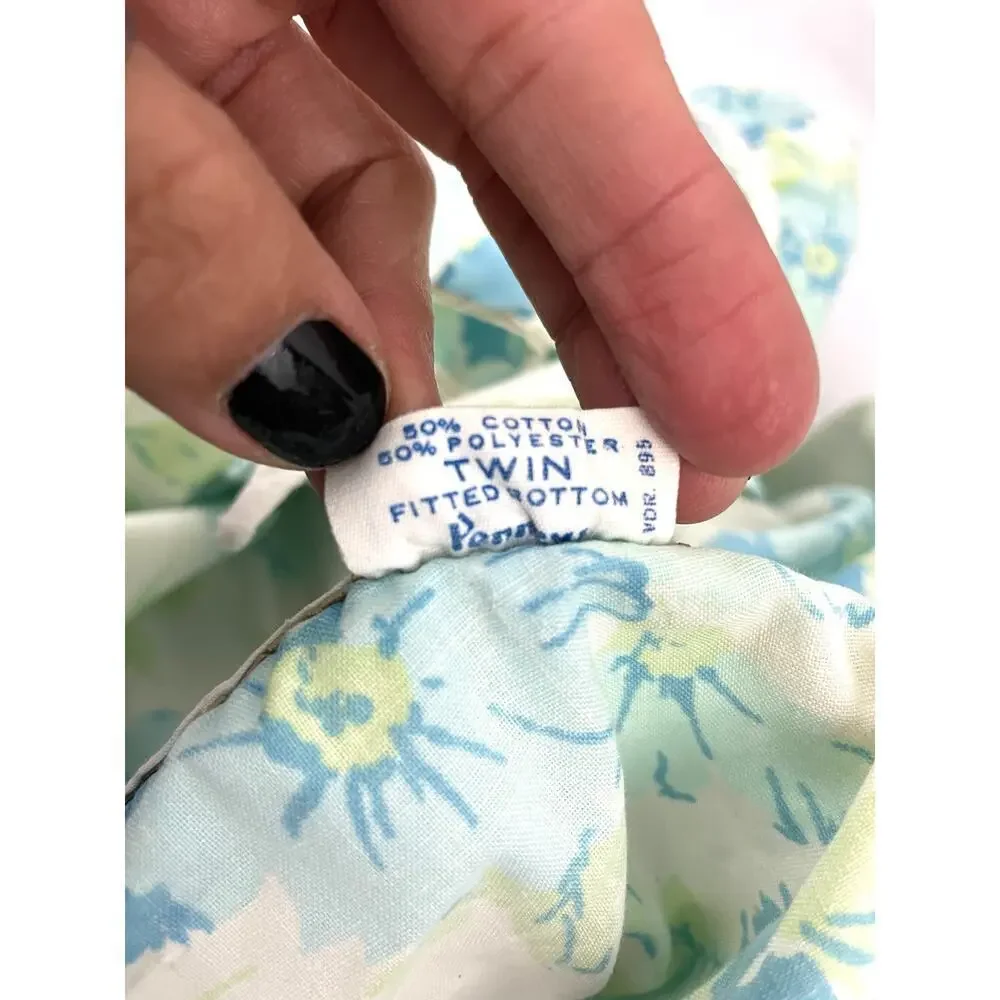 VTG‎ 1970's Flowers Fashion Manor Blue Floral Twin Fitted Sheet MCM Penn-Prest